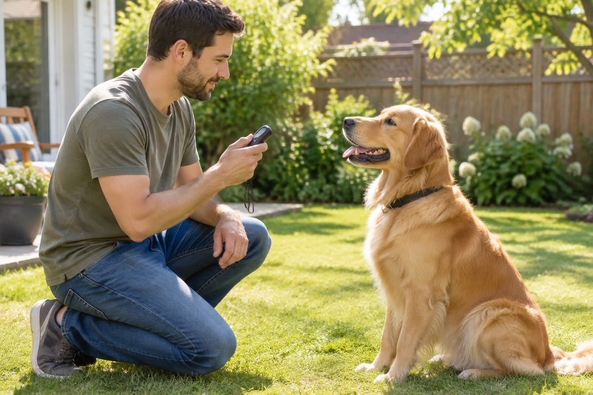 Dog owner training attentive dog in sunny backyard with handheld training device